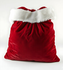 Red velvet Santa bag with white fur collar, isolated on a solid background