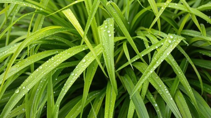 Fototapeta premium Dew-covered Grass: Moisture-covered grass in the early morning, giving it a fresh, shiny look as sunlight warms the dew droplets, creating a tranquil, glistening scene. 