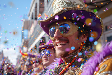 Carnival, Bright parades, masks, sparkles. Fat Tuesday, Mardi Gras,Shrove Tuesday.A happy man,bright clothes, a mask on his face, a festive mood, fun on the streets of the city