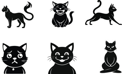  Happy Mood cat face expression Silhouette Icon Set,Relaxed Feline Vector.