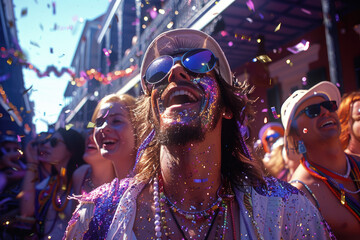 Carnival, Bright parades, masks, sparkles. Fat Tuesday, Mardi Gras,Shrove Tuesday.A happy man,bright clothes, a mask on his face, a festive mood, fun on the streets of the city