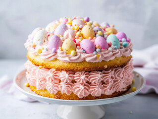 Festive homemade vanilla cake decorated with pastel frosting and colored Easter eggs. Cozy Easter spring atmosphere. Copy space