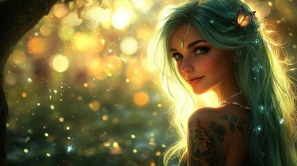 A woman with loose green hair, intricate tattoos covering her body, stands in the soft glow of a mystical forest.