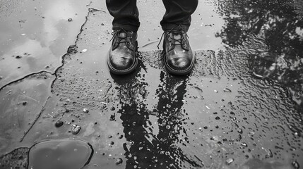 Drenched Shoes: Soaked shoes that absorb water, leaving them uncomfortable to wear and causing puddles to form with each step, making walking unpleasant.
