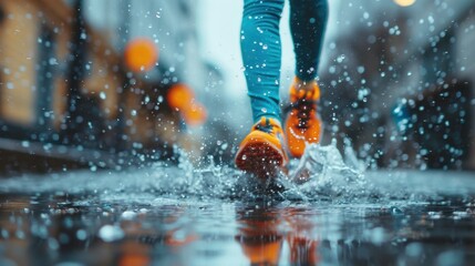 Drenched Shoes: Shoes completely soaked with water, causing discomfort, a soggy feeling, and puddles left behind as moisture seeps into the soles.
