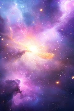 Fototapeta Glowing white galaxy surrounded by misty violet nebulae with golden photon streams illuminating the vast cosmic universe   