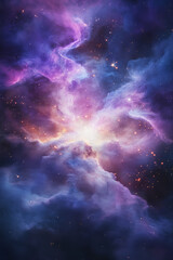 Glowing white galaxy surrounded by misty violet nebulae with golden photon streams illuminating the vast cosmic universe  

