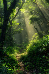 Obraz premium A Tranquil Stroll: Sunlight Dancing Through the Verdant Canopy of an Old Forest