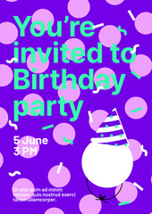 Birthday party invitations with place for your photo, party hats, and festive backgrounds. Design for flyer, poster, cover, brochure or banner.
