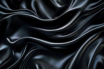 Fototapeta premium Luxurious Black Satin Fabric: Elegant Draped Cloth Background Texture for Design Projects. Perfect for invitations, websites, branding, and more! High-resolution image showcasing the rich, deep black 