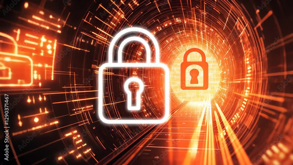 Poster visual representation of digital security with a padlock and data processing through a glowing tunne