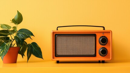 Vintage Radio on Yellow Background with Green Plant in Decorative Pot
