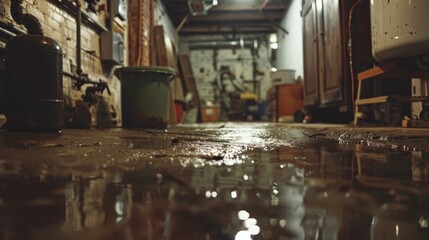 Flooded Basement: A basement that has filled with water, usually from rainfall or plumbing issues, leading to a damp, uncomfortable space with a musty odor.
