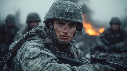 Soldier enduring blizzard during a military operation