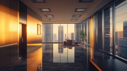 Fototapeta premium Open-Concept Modern Office Space with Warm Sunset Lighting and Industrial Design