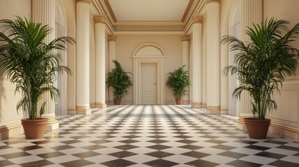 Fototapeta premium Elegant corridor with tall columns, potted plants, and a checkered floor in a bright, spacious interior space