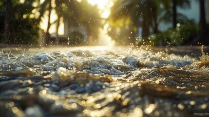 Tropical Storm Surge: The rising seawater pushed by storm winds, causing coastal flooding and leaving streets and homes covered by water, creating widespread damage.
