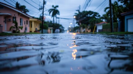 Tropical Storm Surge: Seawater pushed inland by storm winds, flooding coastal areas and leaving streets and homes submerged under a layer of water.

