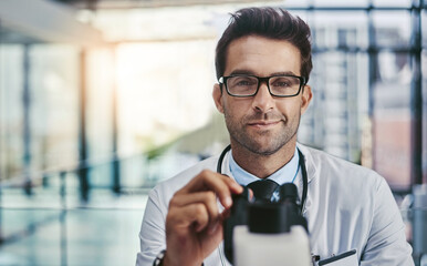 Scientist, glasses and portrait of man with microscope in lab for pharma, test or medical...
