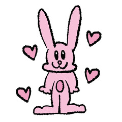 Hand drawn crayon illustrations of pink bunny with hearts for cartoon characters, comic, mascot, cute patch, rabbit drawing, animal, pet shop, vet, sticker, happy easter, zoo, souvenir shop, logo