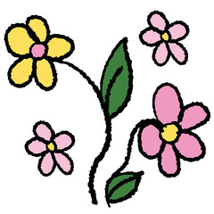 Hand drawn crayon illustration of flowers, green leaves for home decoration, spring, summer, nature, garden, plants, tree, blossom, blooming, sticker, picnic, park, house yard, environment, soil