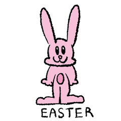 Hand drawn crayon illustrations of happy pink bunny with EASTER letters for cartoon characters, comic, mascot, cute patch, rabbit drawing, animal, pet shop, vet, sticker, zoo, souvenir shop, font