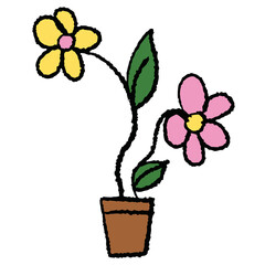 Hand drawn crayon illustration of flowers in flowerpot for plants, tree, floral print, nature, garden, patch, shirt print, sticker, blossom, blooming, spring, summer, brooch, park, house yard, home