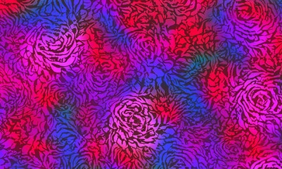 A vibrant abstract image evoking a flower in a dynamic explosion of blue, purple, and red hues with digital extrusion effects. Seamless digital design floral patterns textures, embossed flower motif.