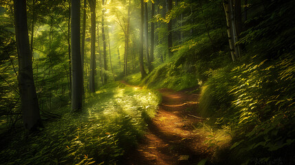 Obraz premium A Tranquil Stroll: Sunlight Dancing Through the Verdant Canopy of an Old Forest