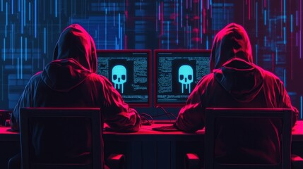 Two Figures in Hoodies Working with Monitors Displaying Skull Symbols in a Dark Cyber Environment