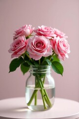 Fototapeta premium Close-up of pink rose flowers beautifully arranged in a glass jar, pink, love