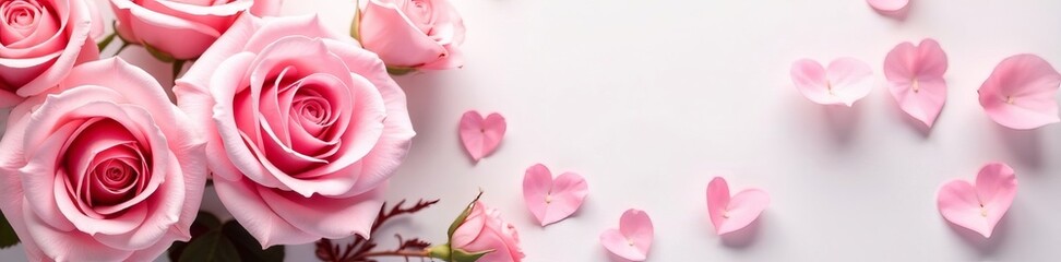 Fototapeta premium Close-up of pink roses on white backdrop, elegant floral arrangement, romantic setting, roses, white background