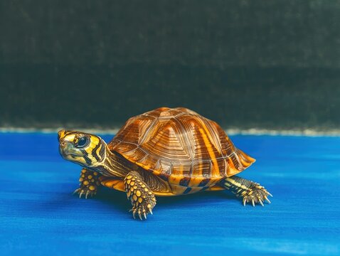 Small brown-shelled turtle walking on a blue platform