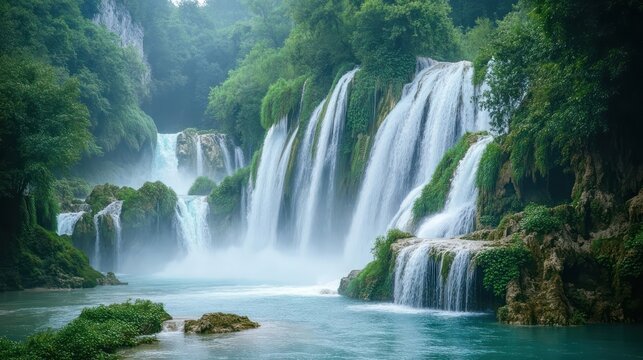 A powerful waterfall cascading down rugged cliffs into a turquoise river below, surrounded by lush green foliage and misty air 