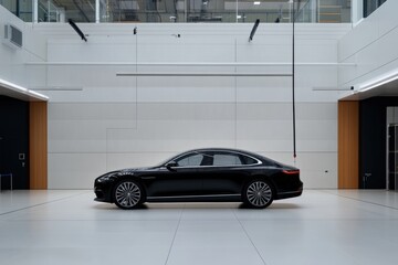 Sleek black luxury sedan in modern showroom, showcasing innovative automotive design and premium engineering excellence for discerning car enthusiasts.