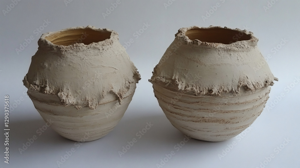 Poster two handcrafted clay pots with textured surfaces and uneven edges, showcasing an artisanal, rustic a