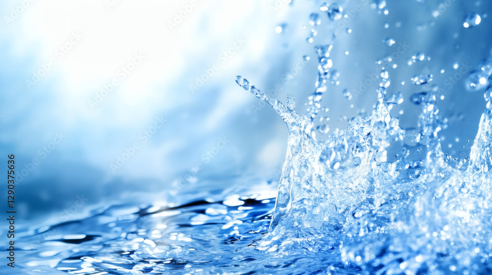 Poster a close-up of water splashing, creating dynamic ripples and droplets, with a soft blue background hi