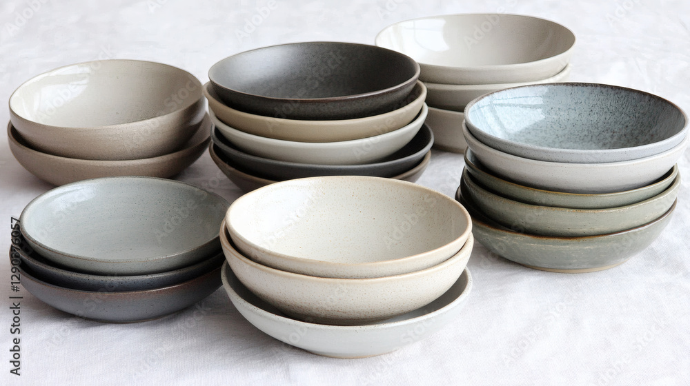 Poster a collection of stylish, muted bowls stacked in various colors, showcasing modern design and minimal