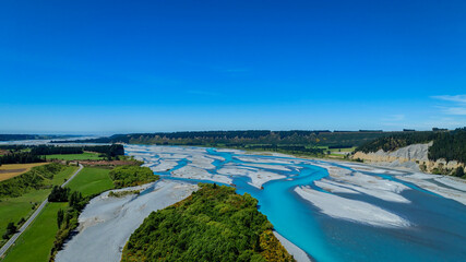 The aerial view with a ecosystem of the River lagoon Valley and blue water river