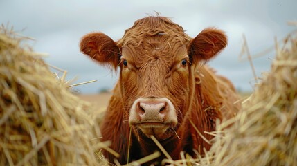 Hay: Dried grass or legumes with a brittle, coarse texture, commonly fed to livestock as a nutritious, fibrous food source for animals throughout the year.
