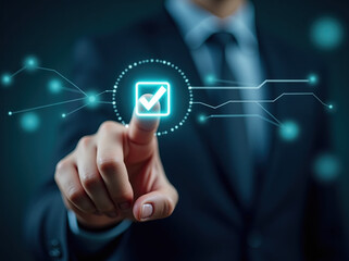 Close-up shot of a businessman's finger interacting with a futuristic virtual interface and is clicking on a glowing checkbox with a check mark accompanied by digital particle effects. The background 