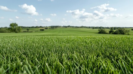 Fototapeta premium Lush green field under a partly cloudy sky. Possible use showcasing a beautiful landscape