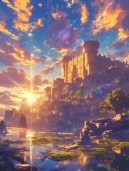 The golden glow of the ancient walls in anime style and the sunrise over the fortress reflected in the calm sea