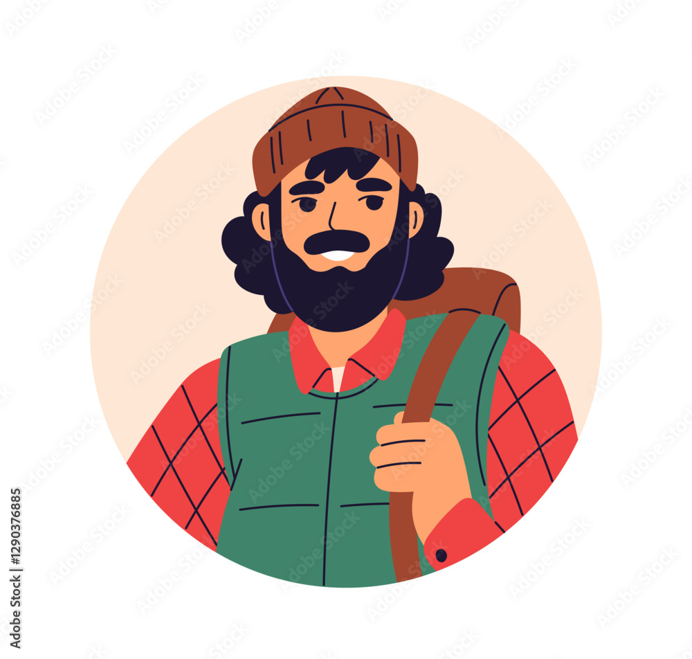 Canvas Prints Man traveler with backpack, circle avatar. Bearded male tourist, hiker in beanie, head portrait. Happy smiling backpacker, nomad, user profile. Flat vector illustration isolated on white background