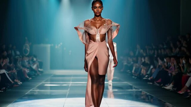 Model Gracefully Walks the Runway in a Flowing Dress at a High-Fashion Show, Displaying the Designer's Latest Collection