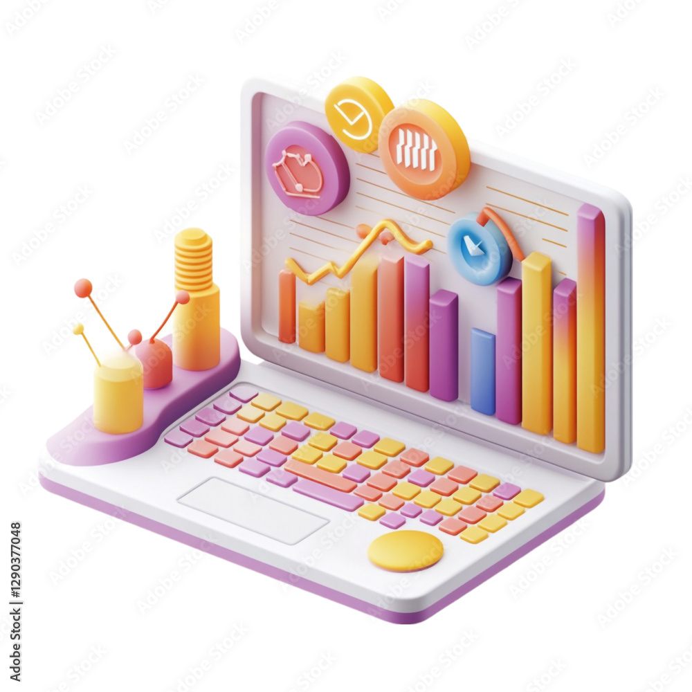 Poster laptop displaying colorful data graphs and charts business analytics visualization