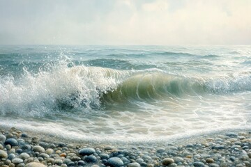 A serene ocean wave crashes onto a pebble-strewn beach under a soft, hazy sky.