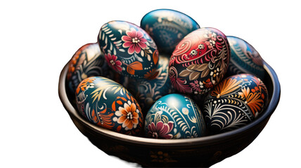 Fototapeta premium 3D Floral Painted Easter Eggs Bowl Element Isolated on Png Surface.