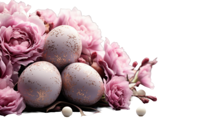 Happy Easter Background Full of Beautiful Pink Flowers and Printed Eggs 3D Decoration Png.