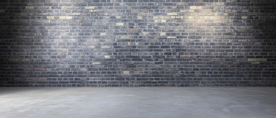 Empty industrial space with textured brick wall and smooth concrete floor for creative use